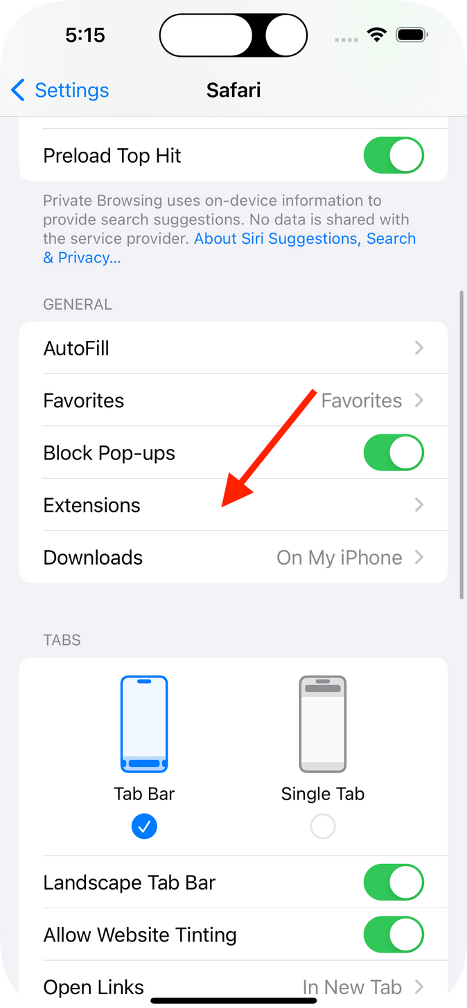 4. tap Extensions